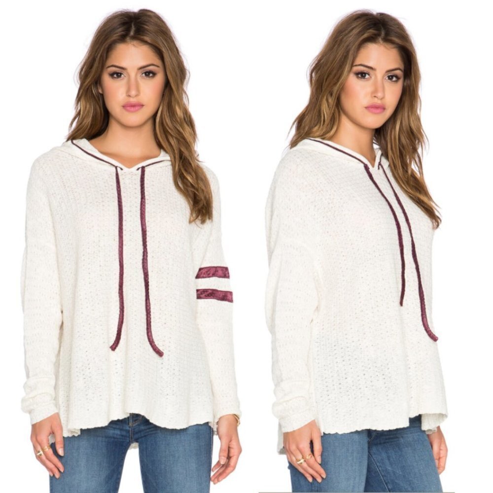 Free People Linen Love All Hoodie Pullover Ivory Burgundy Combo Knit Size Small